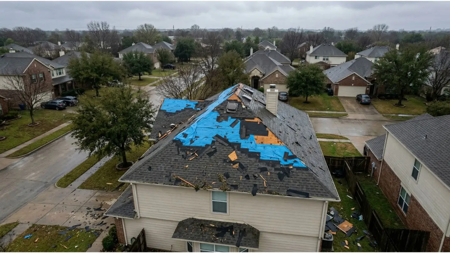 Storm damaged roof in Georgia requiring emergency repair
